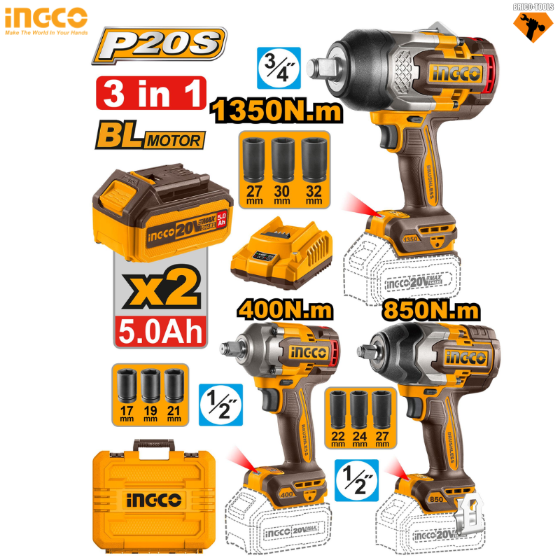 3-Tool Industrial Cordless Combo INGCO 20V Kit COSLI250386