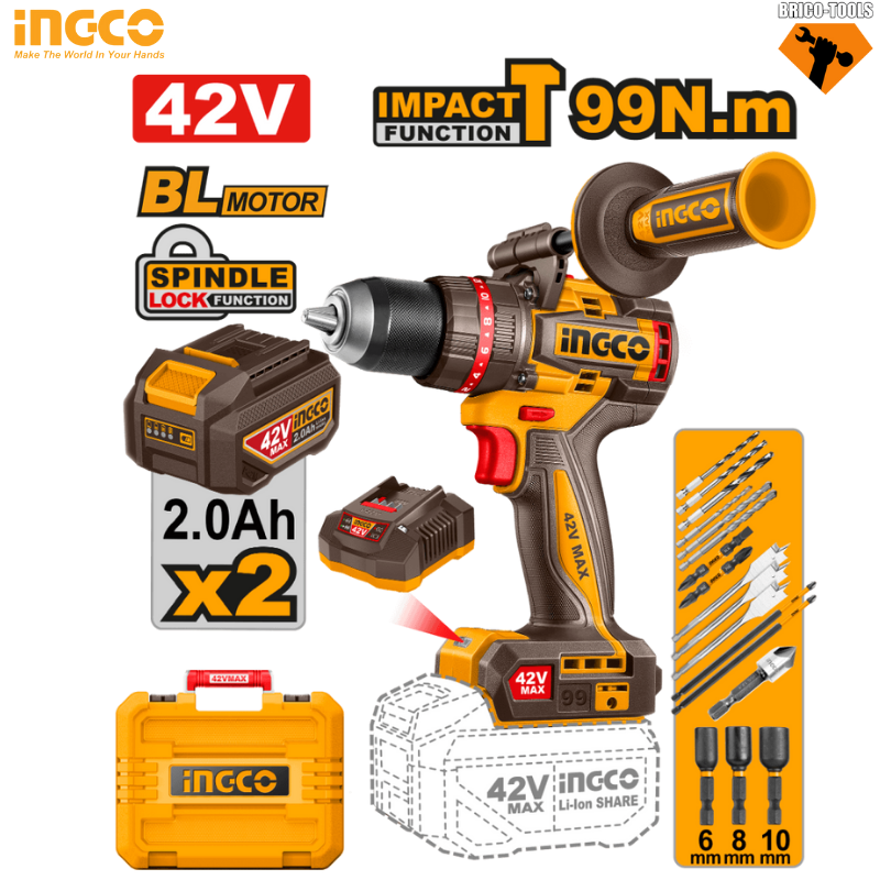 PERCEUSE À CHOCS INGCO 42V - 99 NM - AVEC 2 BATTERIES 2.0AH CIDLI429982